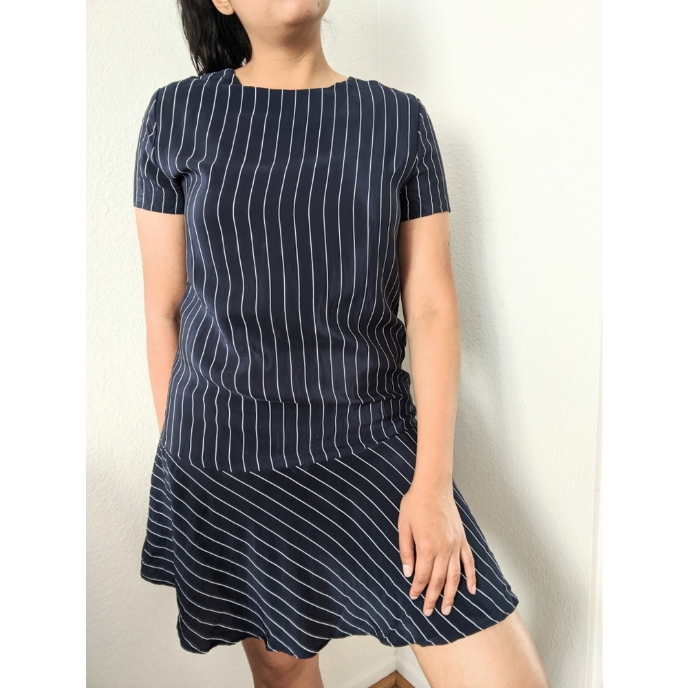 Amour Vert Pin Stripe Ruffle Hem Silk Dress